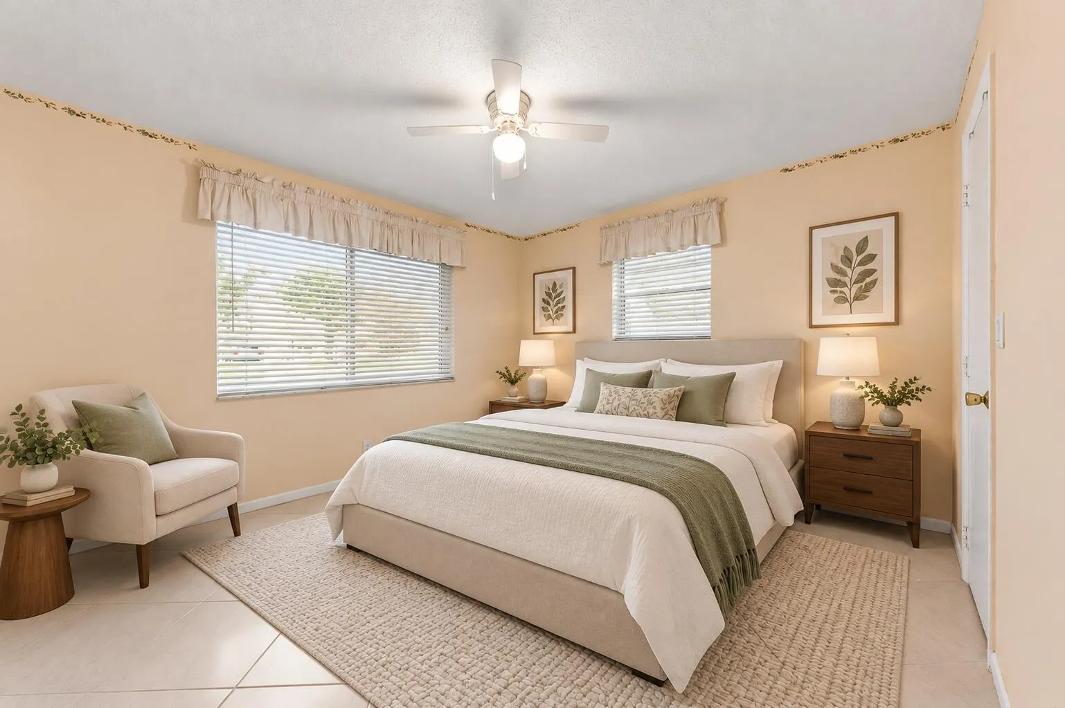 Tiled Guest bedroom with front window hurricane impact.