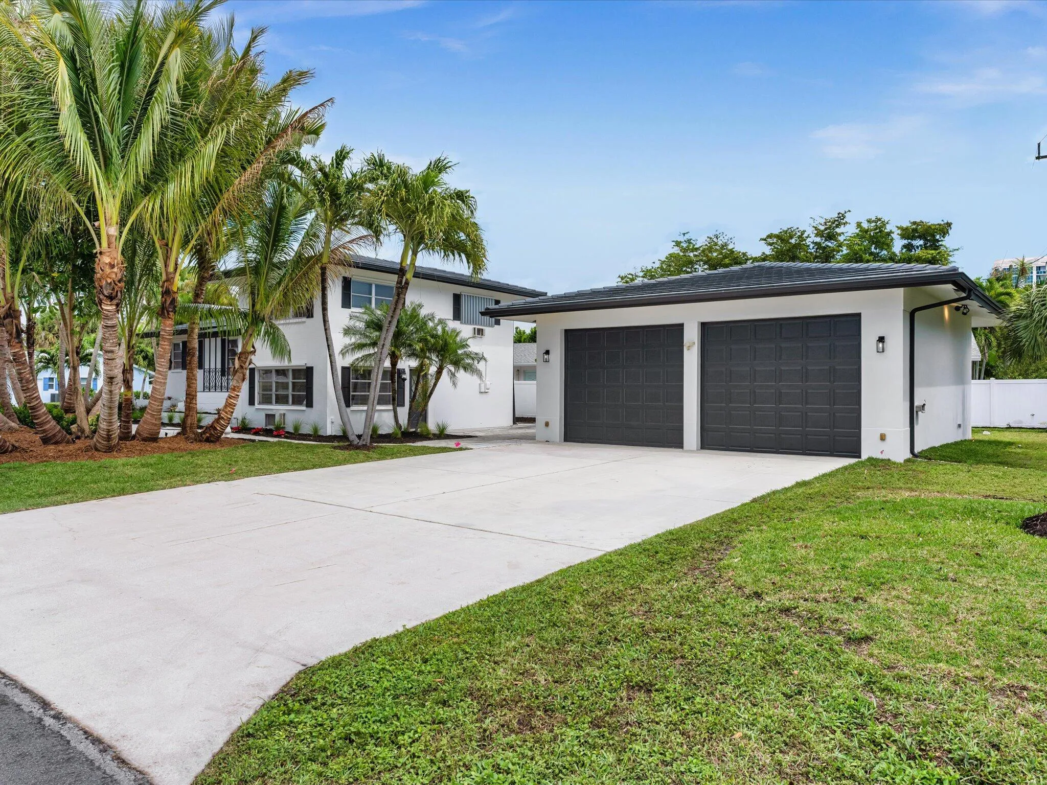 Dual-bay garage with modern doors, expansive concrete driveway, stucco exterior, and mature palm tree landscaping
