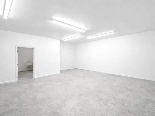 Spacious room with concrete flooring, white walls, and overhead fluorescent lighting