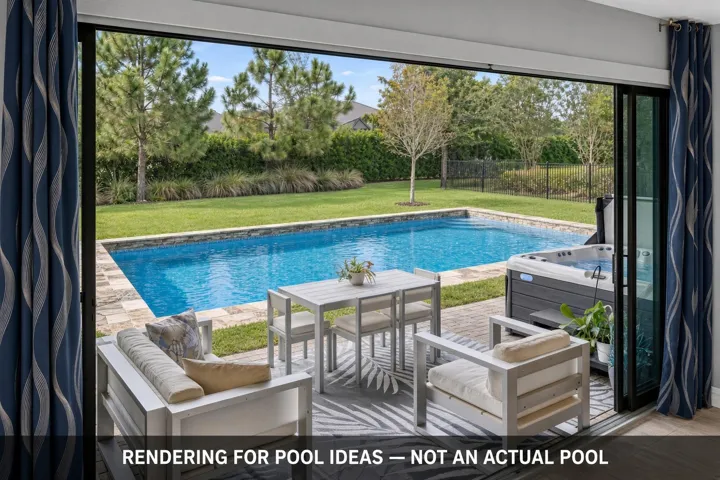 Please remember this is only a rendering, not an actual pool on the property. this is to show you what it would look like.