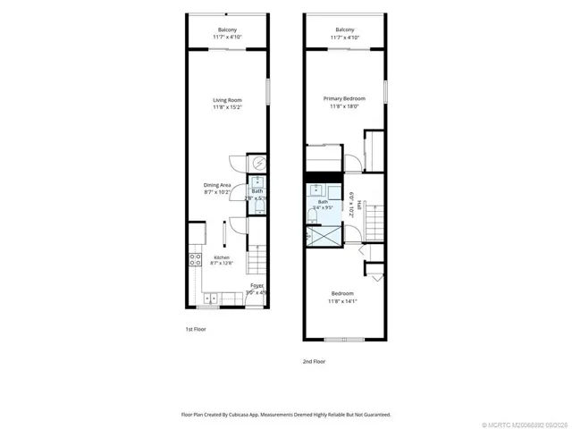 Two-story floor plan showing the layout of the 2-bedroom, 1.5-bath residence, including living and dining areas, kitchen, and private balconies.