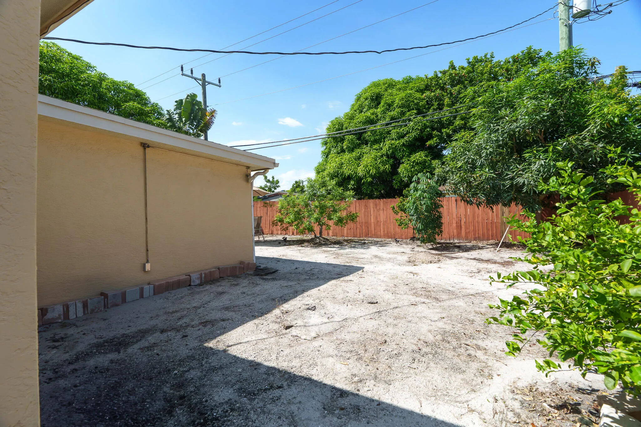 Spacious outdoor area featuring a wood fence, mature perimeter trees, and a clear sky backdrop