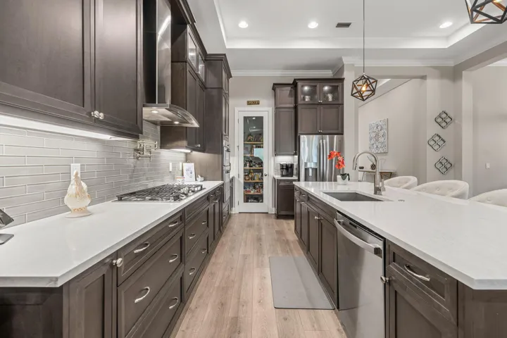 Wide plank wood-look tile flooring, dark wood cabinetry, white countertops, glass tile backsplash, under cabinet lighting, recessed lighting, and stainless steel appliances