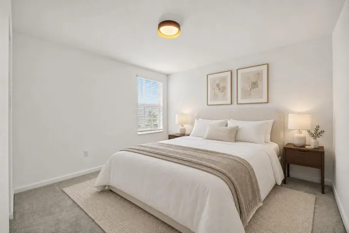 Recessed window with blinds, light gray wall-to-wall carpeting, and a flush mount ceiling light fixture