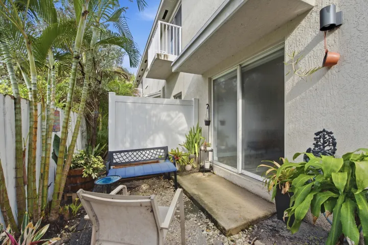 Private outdoor patio featuring a white privacy fence, mature palm trees, and a sliding glass door