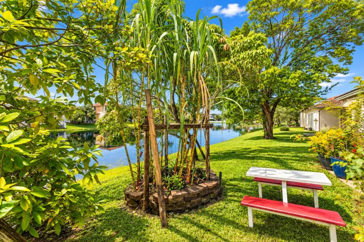 Grassy backyard extends to the lake, with mature trees and space to sit and enjoy the waterfront setting.