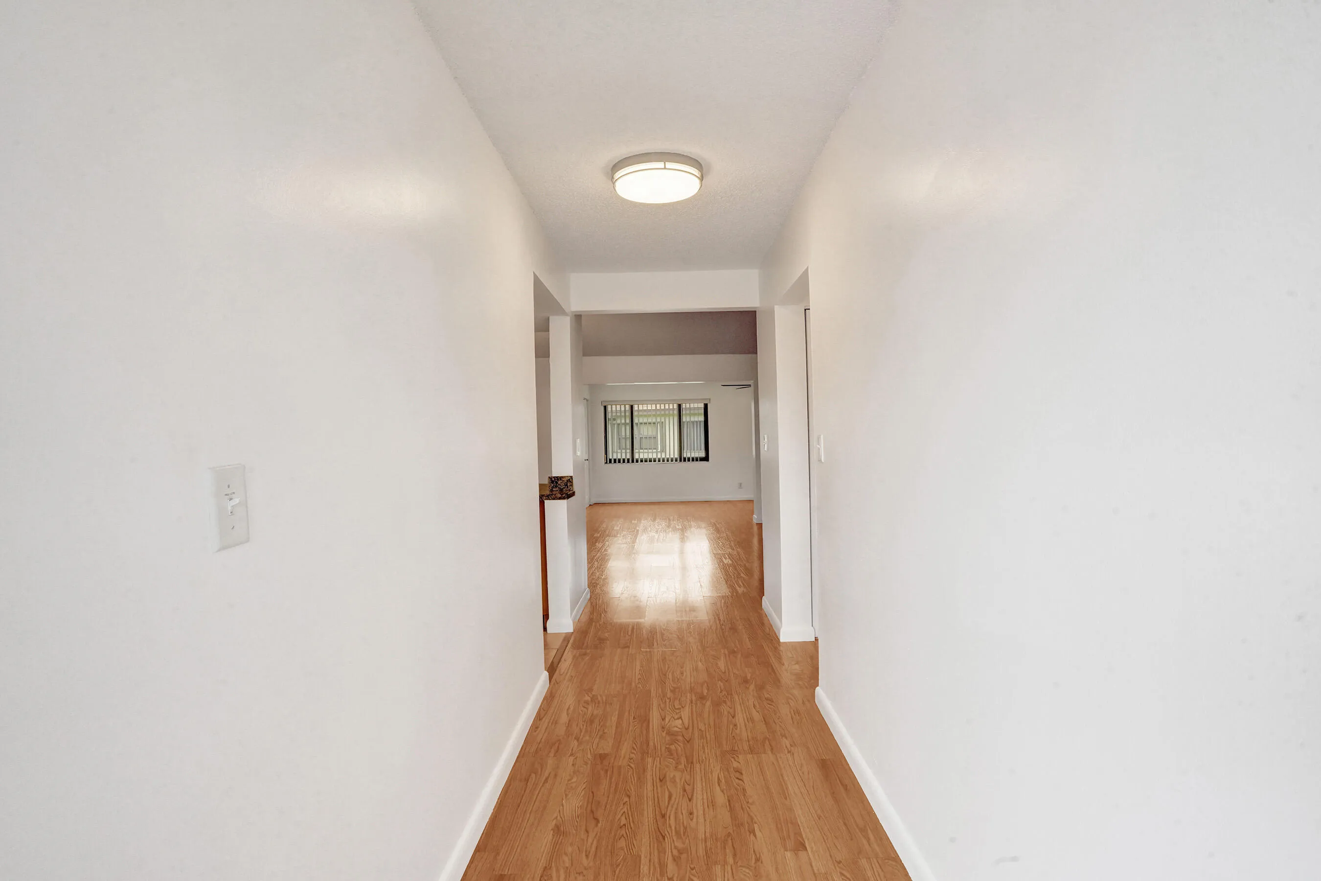 Wood-finish flooring throughout, white painted walls, and a flush-mount ceiling light fixture