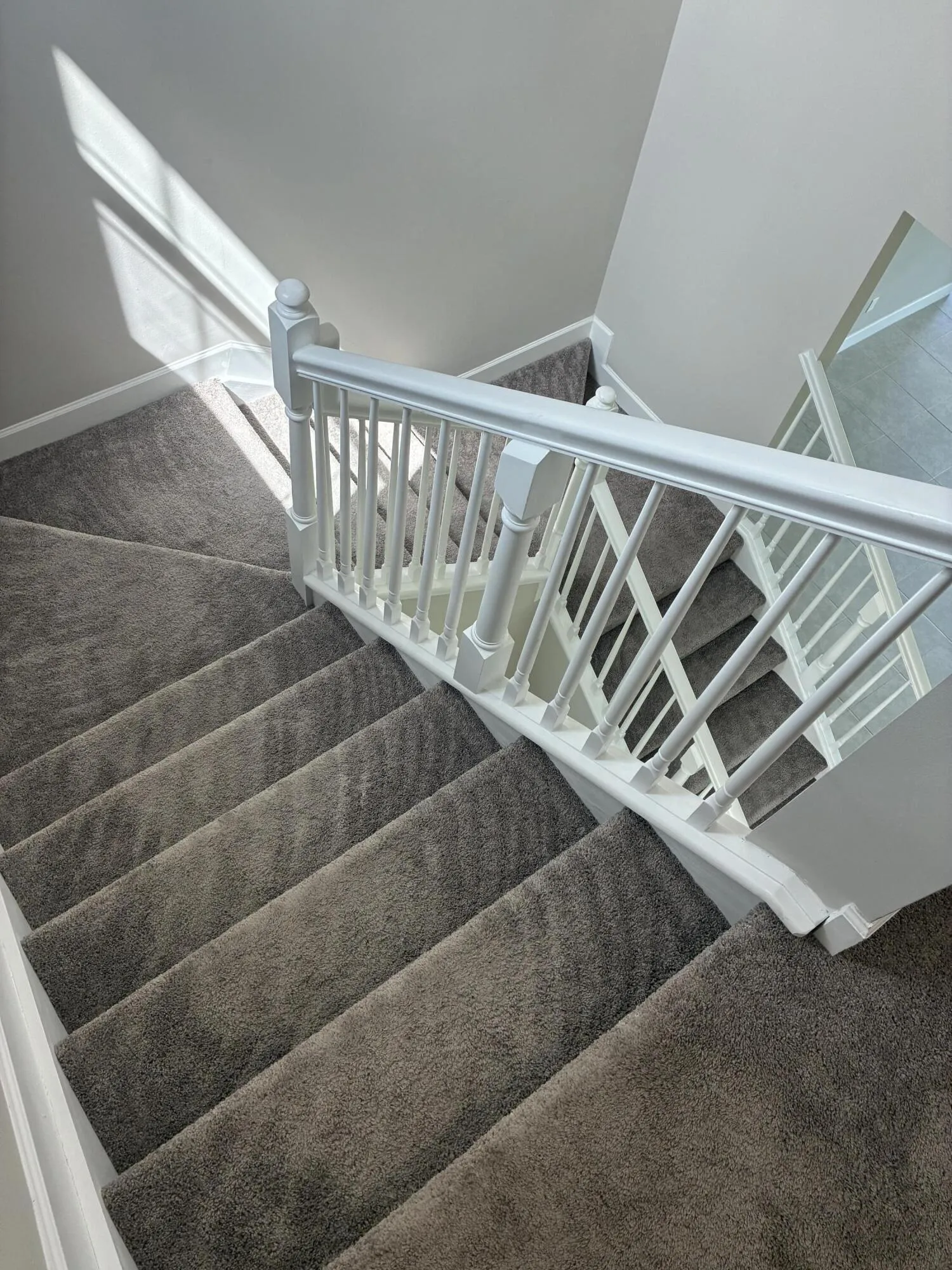 Carpet stairs with high ceilings and rec