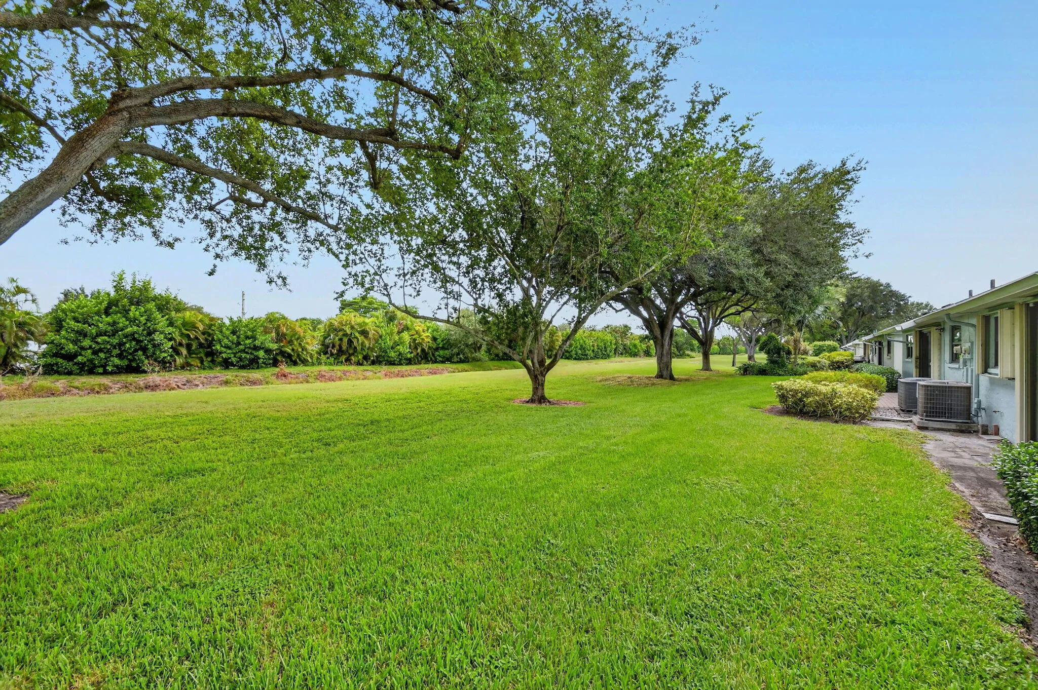 Expansive lawn with mature trees and established landscaping