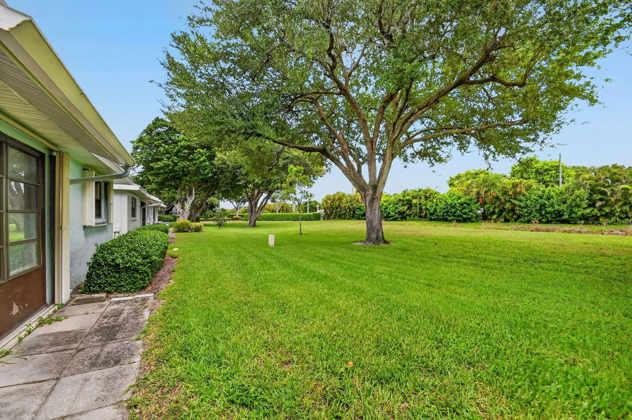 Expansive green lawn with mature trees and established perimeter landscaping