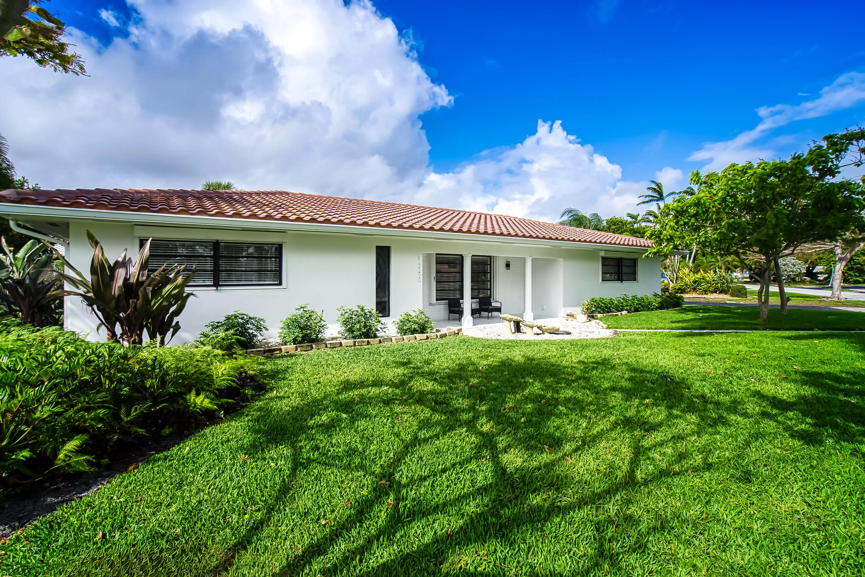Single-story home featuring a terracotta tile roof, white stucco exterior, and black-framed windows