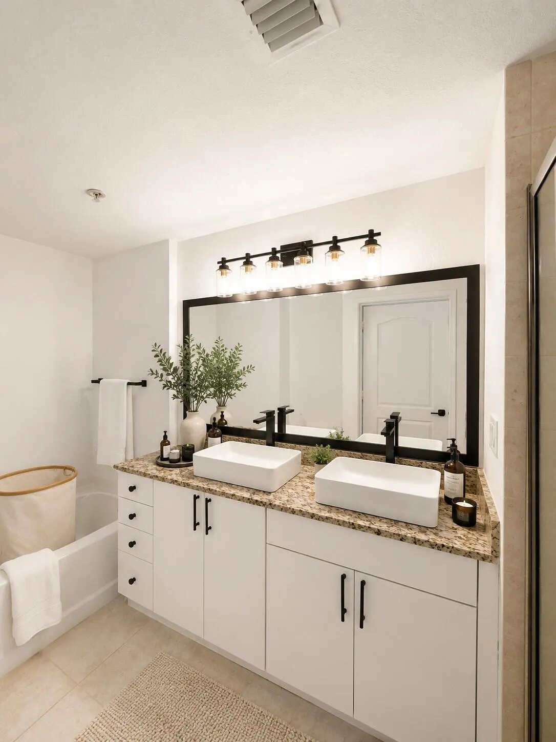 Spacious Bath with Double Vanity, Roman Tub & Shower
