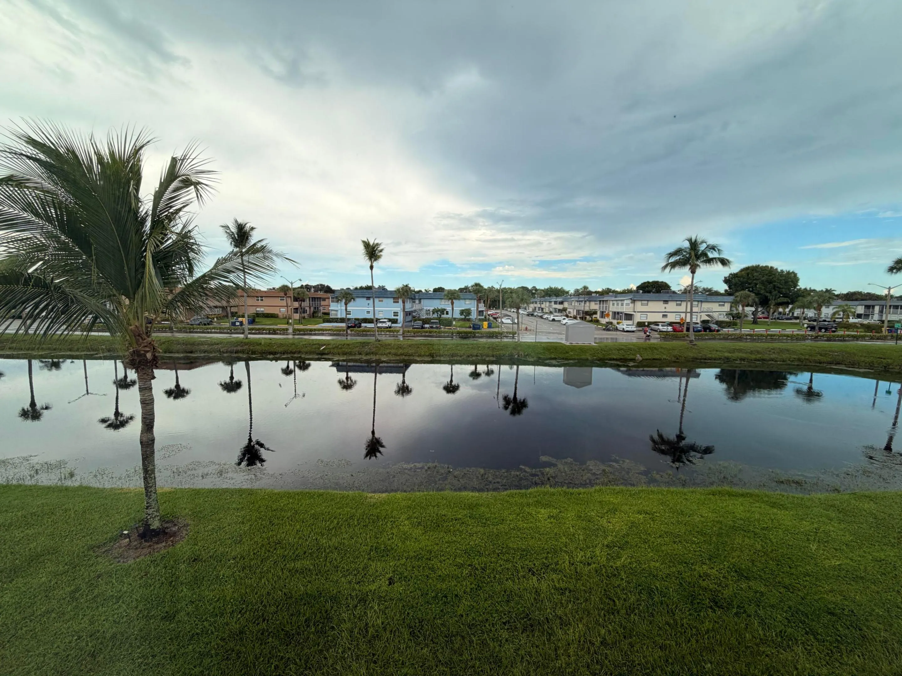 Waterfront property featuring a manicured lawn, palm trees, and clear water