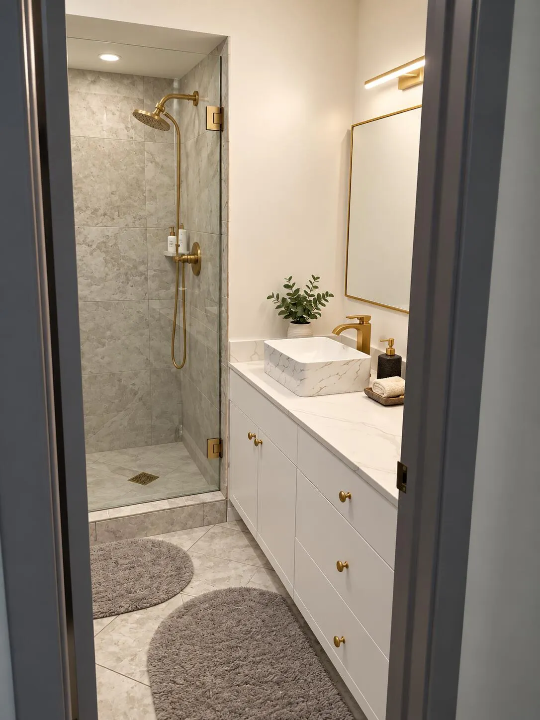 Glass-enclosed shower with gold-tone fixtures and tiled walls