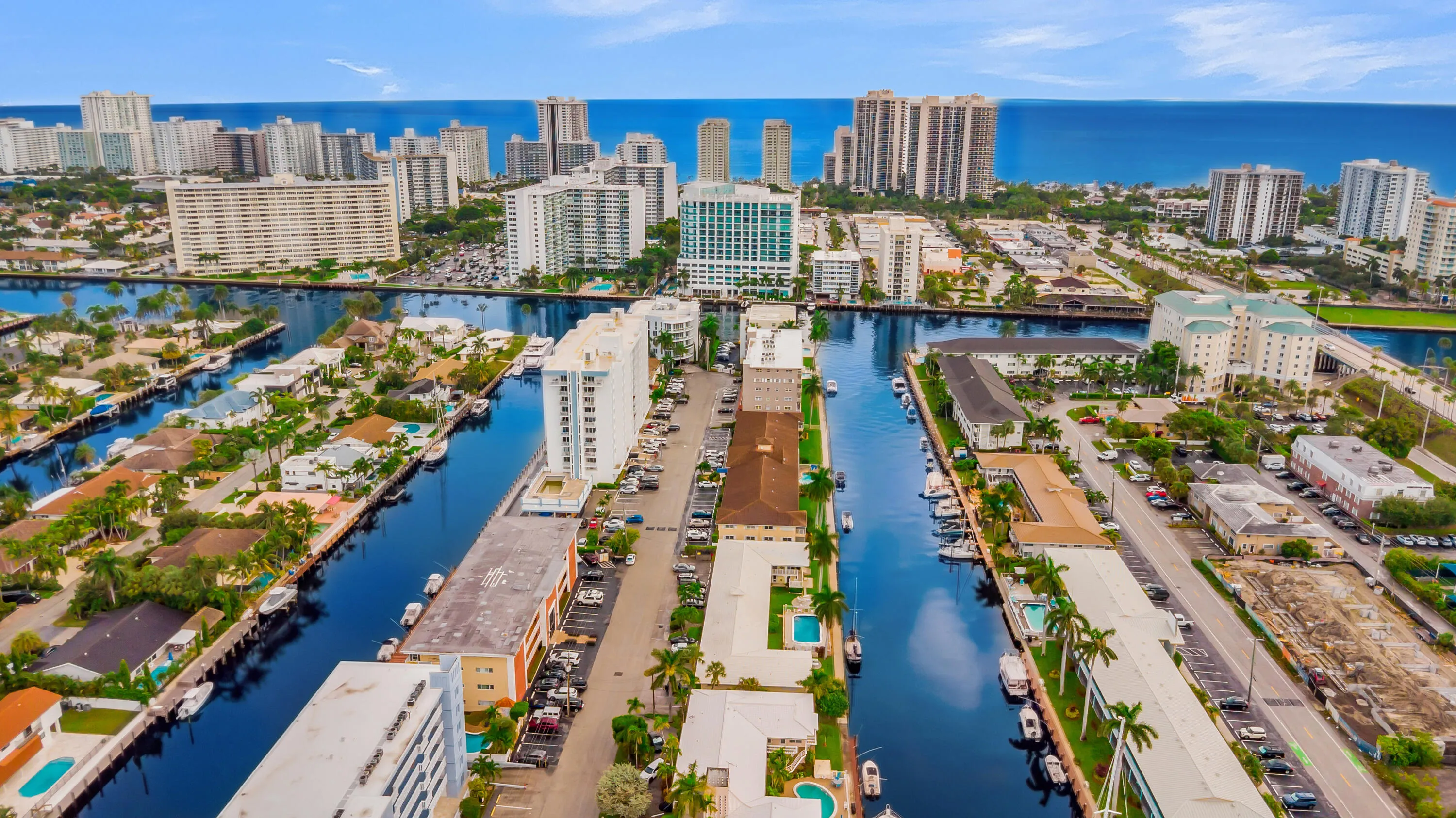 Coastal buildings with a water-facing orientation and private docks