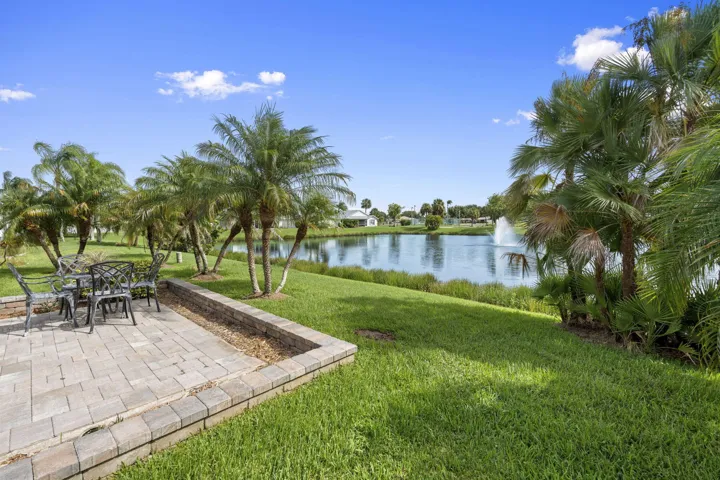 Paved patio with a low retaining wall, expansive lawn, and mature palm trees