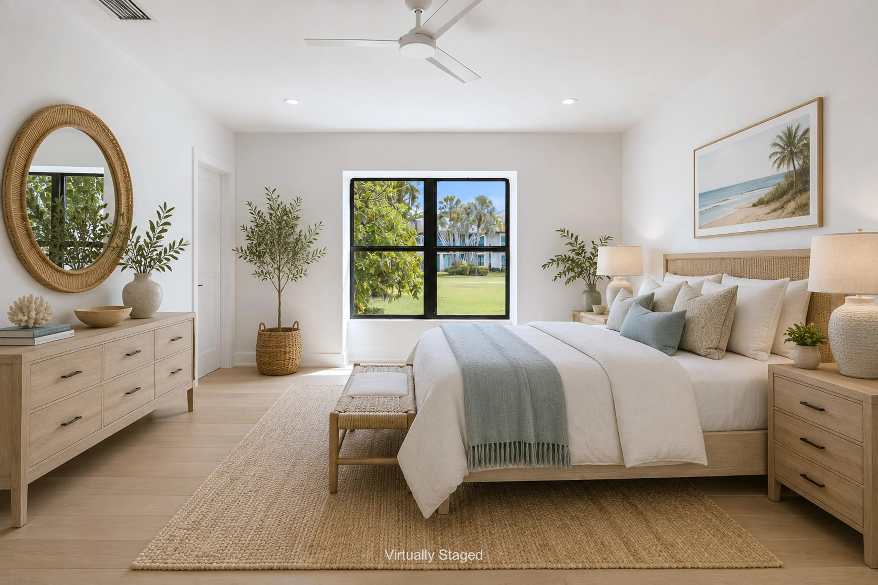 Recessed lighting, light wood-finish flooring, ceiling fan, and a large window with exterior landscaping