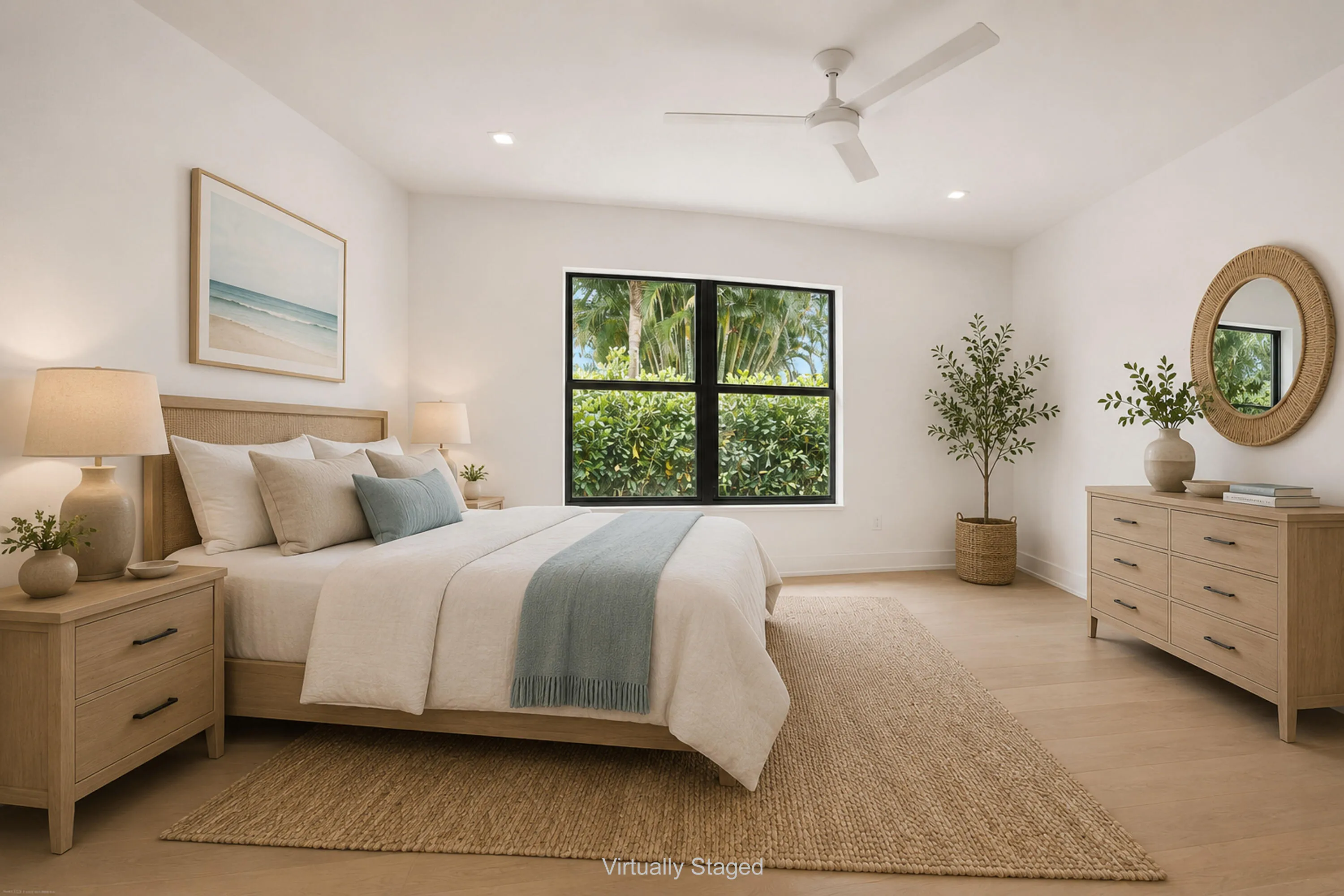 Recessed lighting, wood-finish flooring, a contemporary ceiling fan, and a large window with exterior landscaping