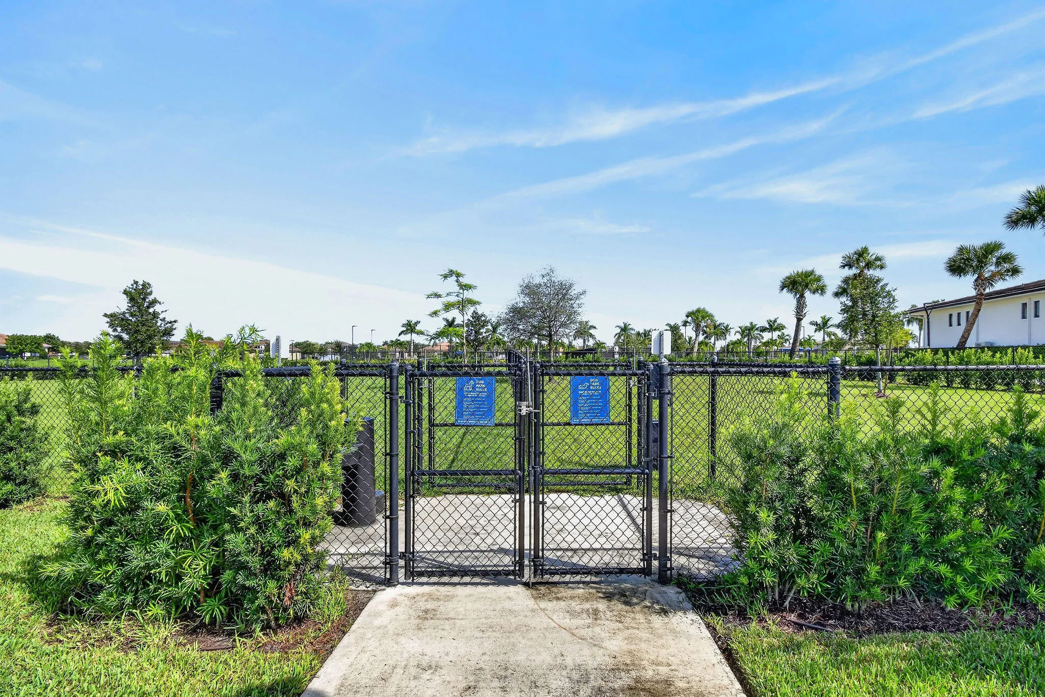 Fenced recreational area with a chain-link perimeter, established landscaping, and a concrete pathway