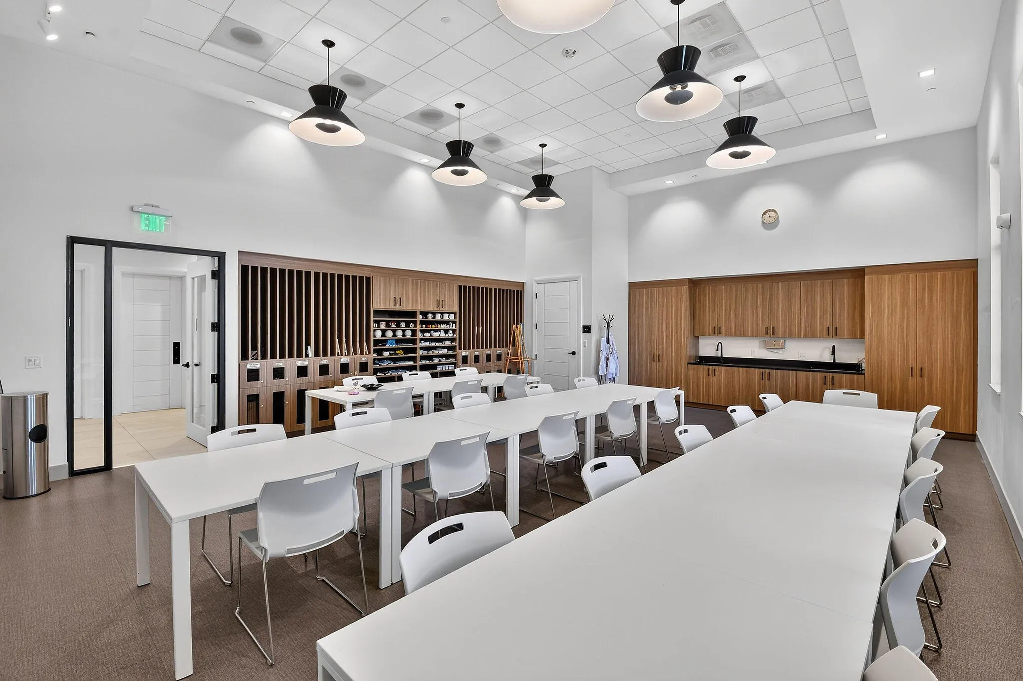 Recessed lighting, drop ceiling, pendant lighting, wood-finish cabinetry, built-in sink