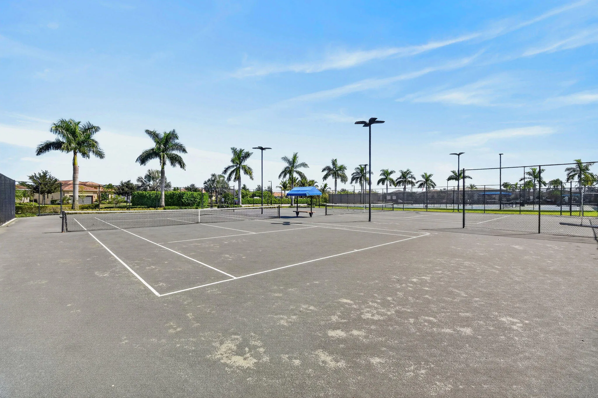 Multiple tennis courts featuring court lighting and perimeter fencing
