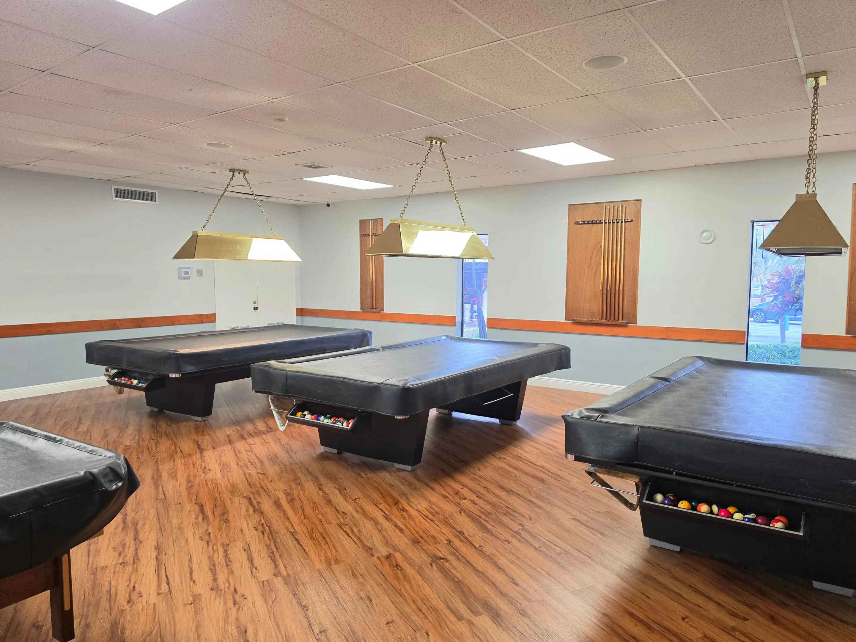 THREE NINE FOOT TABLES FOR EVEN THE PICKIEST OF BILLIARDS PLAYERS.