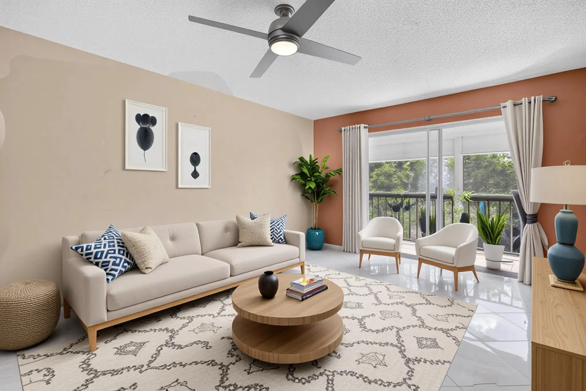 Polished tile flooring, ceiling fan with integrated lighting, sliding glass doors to exterior, and exterior balcony with railing