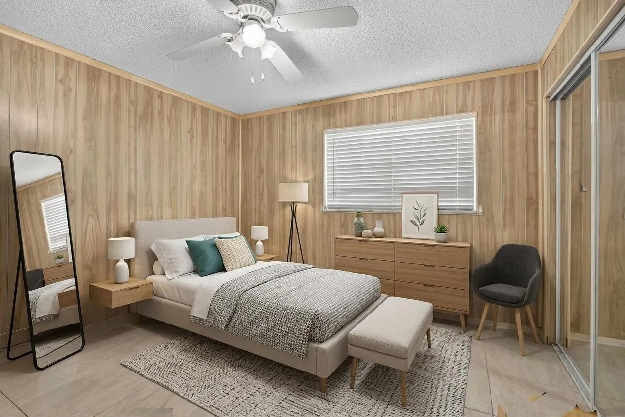 Wood-finish wall paneling, tiled flooring, ceiling fan, window with horizontal blinds, and mirrored sliding closet doors