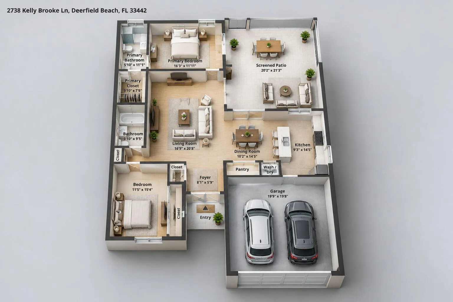 Floor plan illustrates the home's spacious single level layout with a 2 car garage.