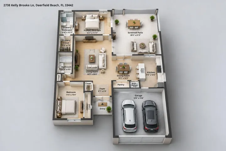 Floor plan illustrates the home's spacious single level layout with a 2 car garage.