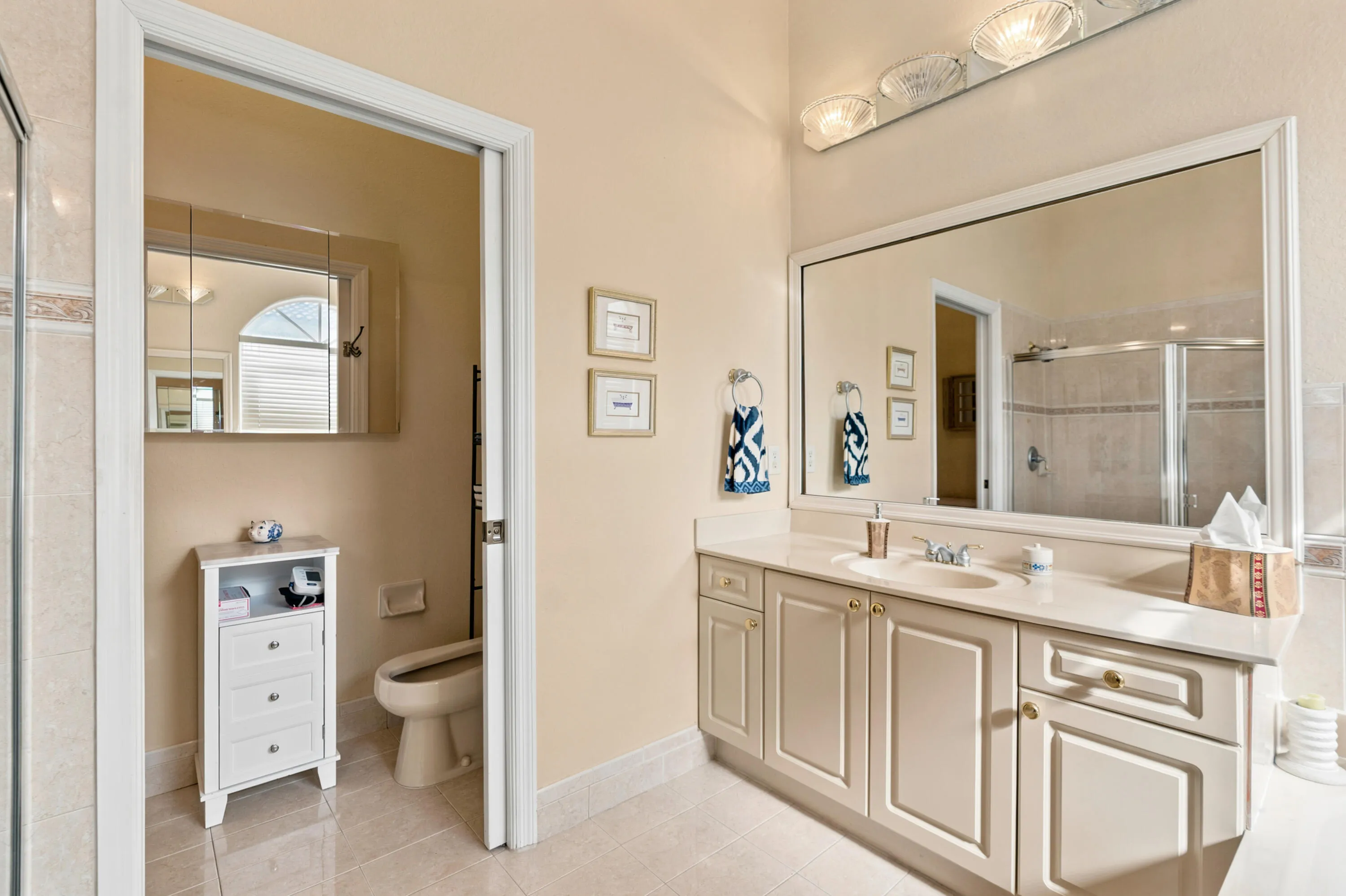 Separate water closet with a bidet provides personal space and added functionality within the primary bath.