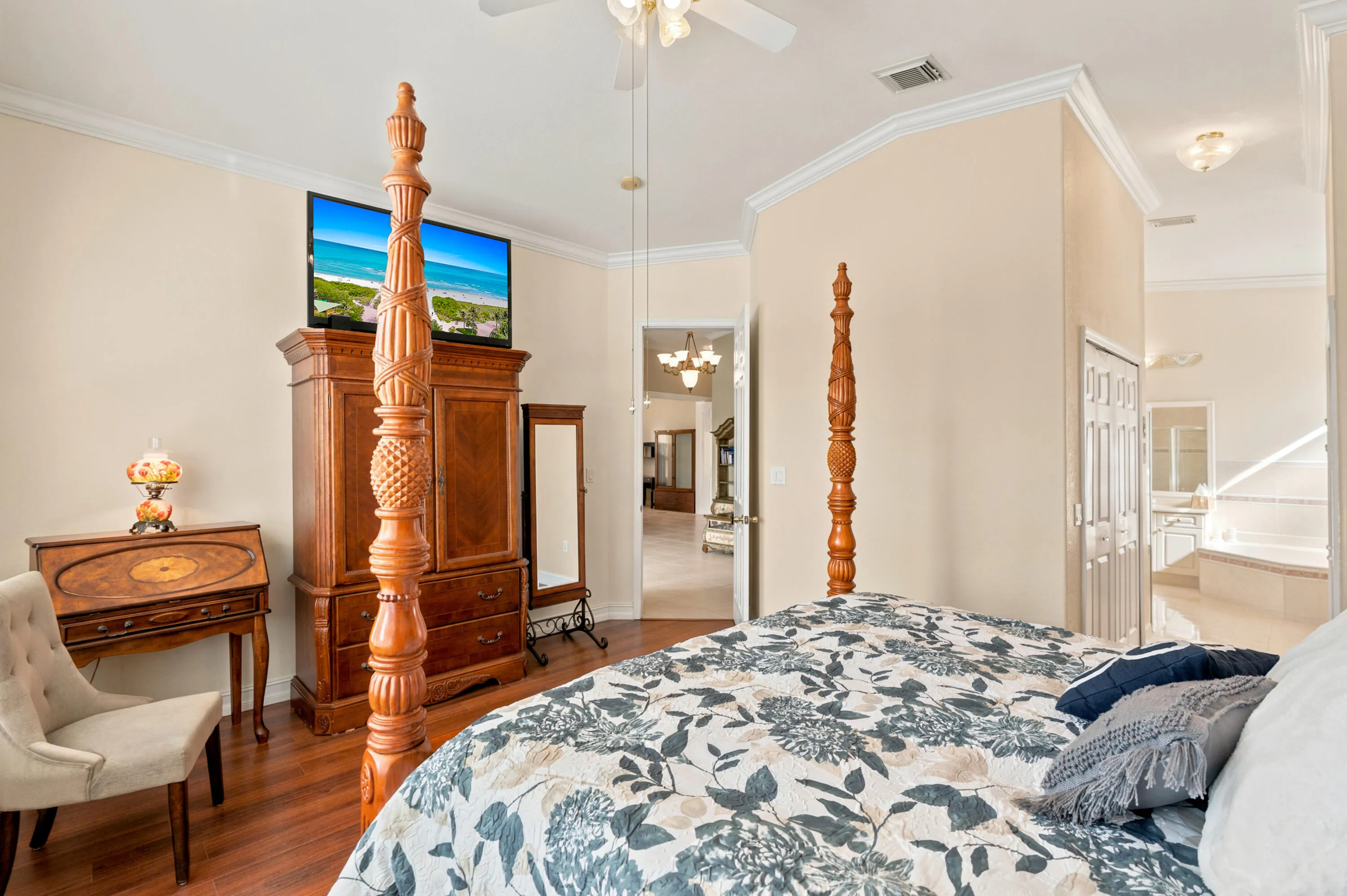 The primary suite connects directly to the bath and closet areas for everyday convenience.