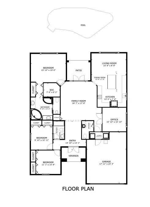 Spacious floor plan with gorgeous kitchen and family room overlooking the pool and lake.