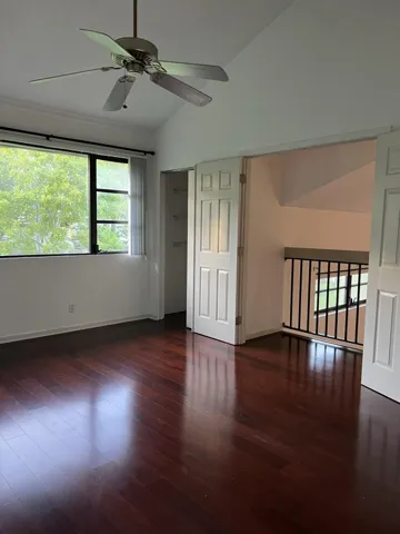 High ceilings with a view of trees and dog walk.