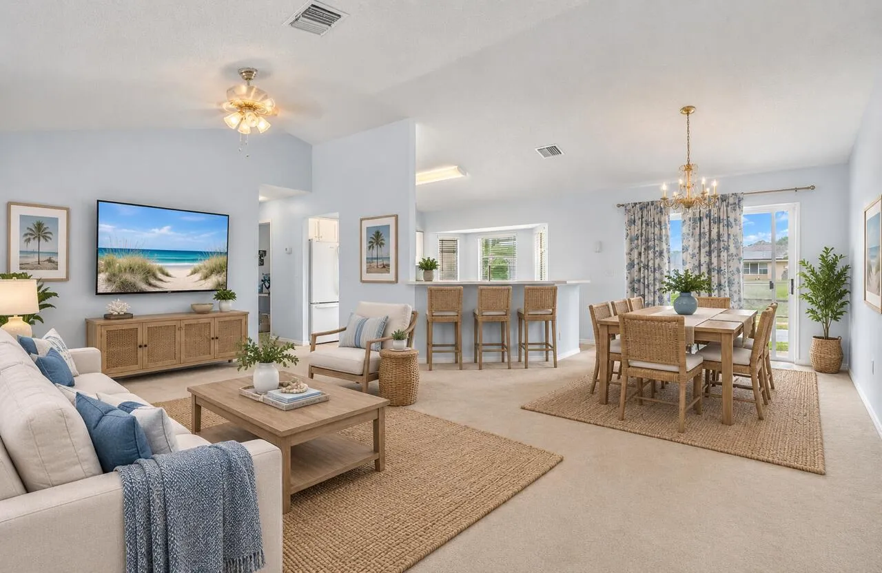Living and dining area virtually staged