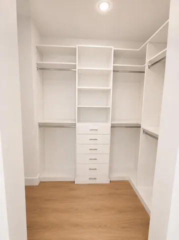 Walk-in closet featuring wood-finish flooring, recessed lighting, and built-in shelving units