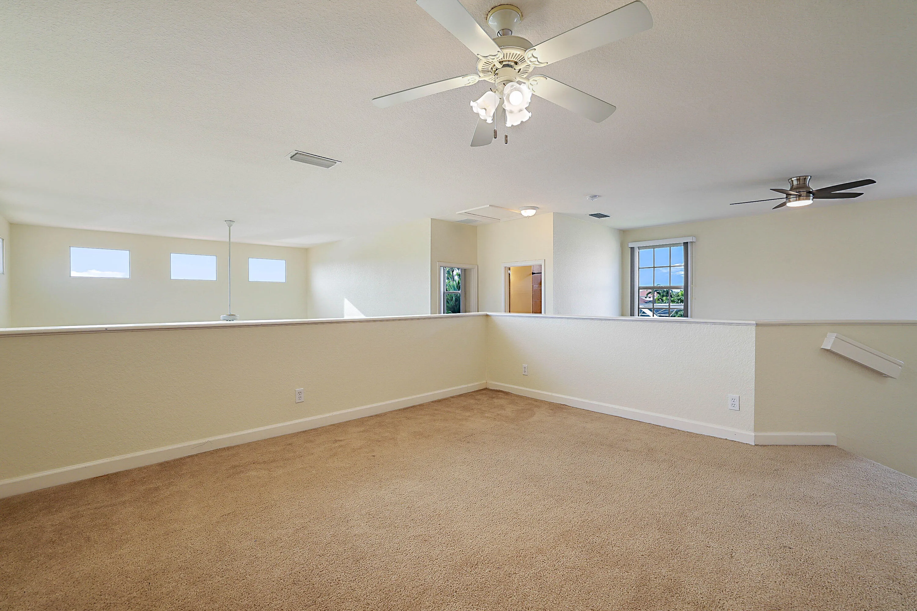 Spacious open-concept room with neutral wall finishes, carpeted flooring, and abundant natural light from multiple windows