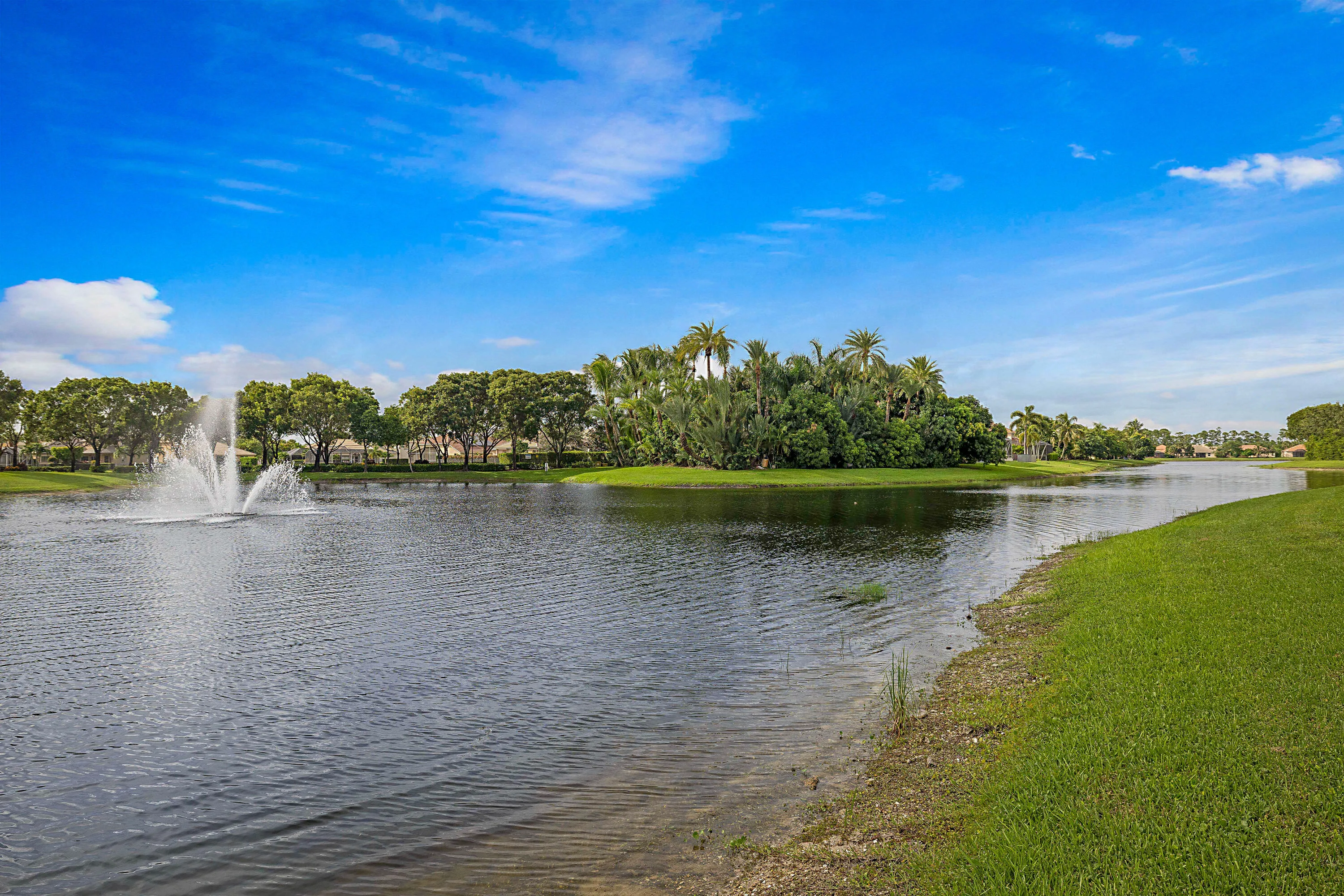 Waterfront property featuring a pristine manicured lawn, mature landscaping with palm and shade trees, and a scenic lake with decorative fountain
