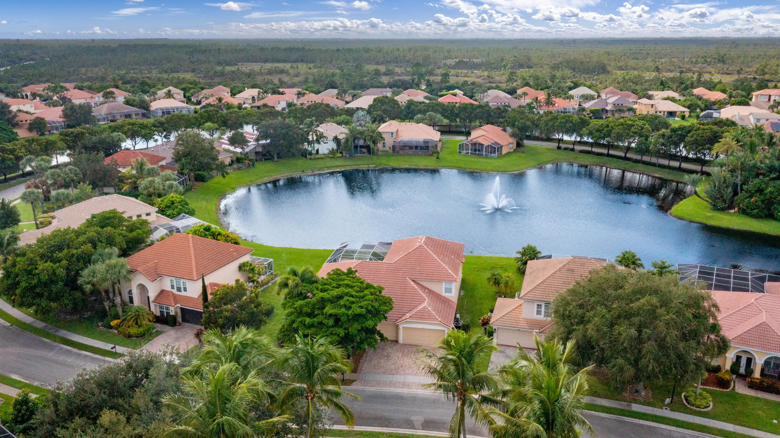Aerial perspective of a residential community featuring a central pond with a fountain