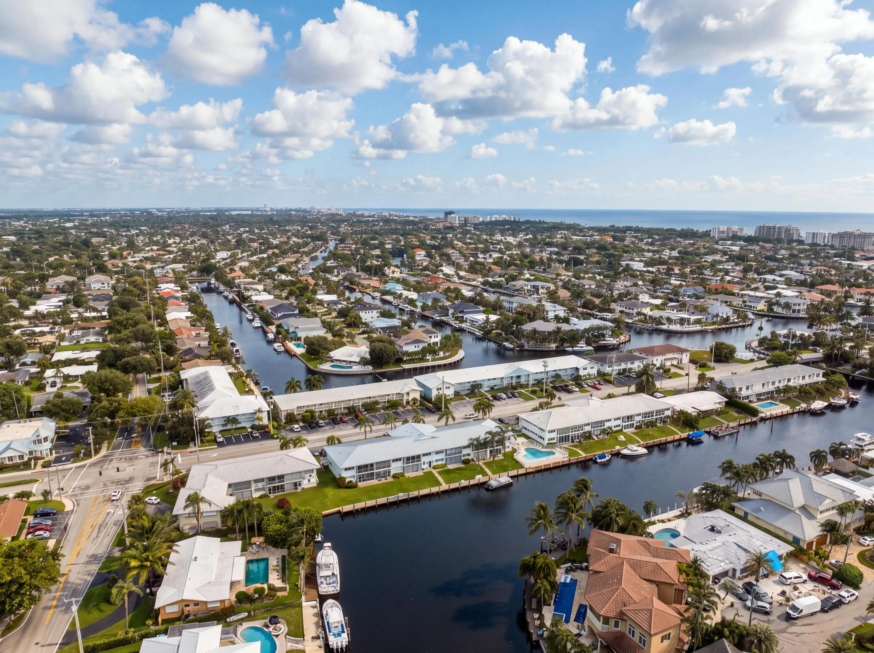 Waterfront community featuring canal access, residential properties, and distant ocean scenery