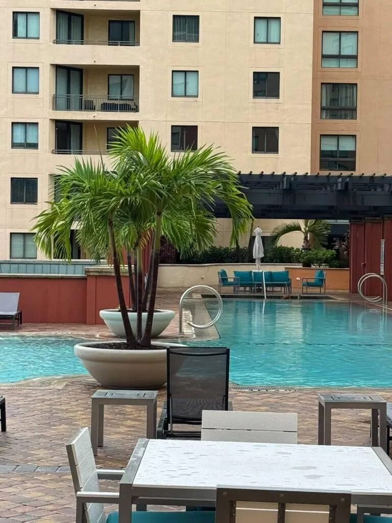 Resort-style pool with integrated seating, surrounded by a paved patio