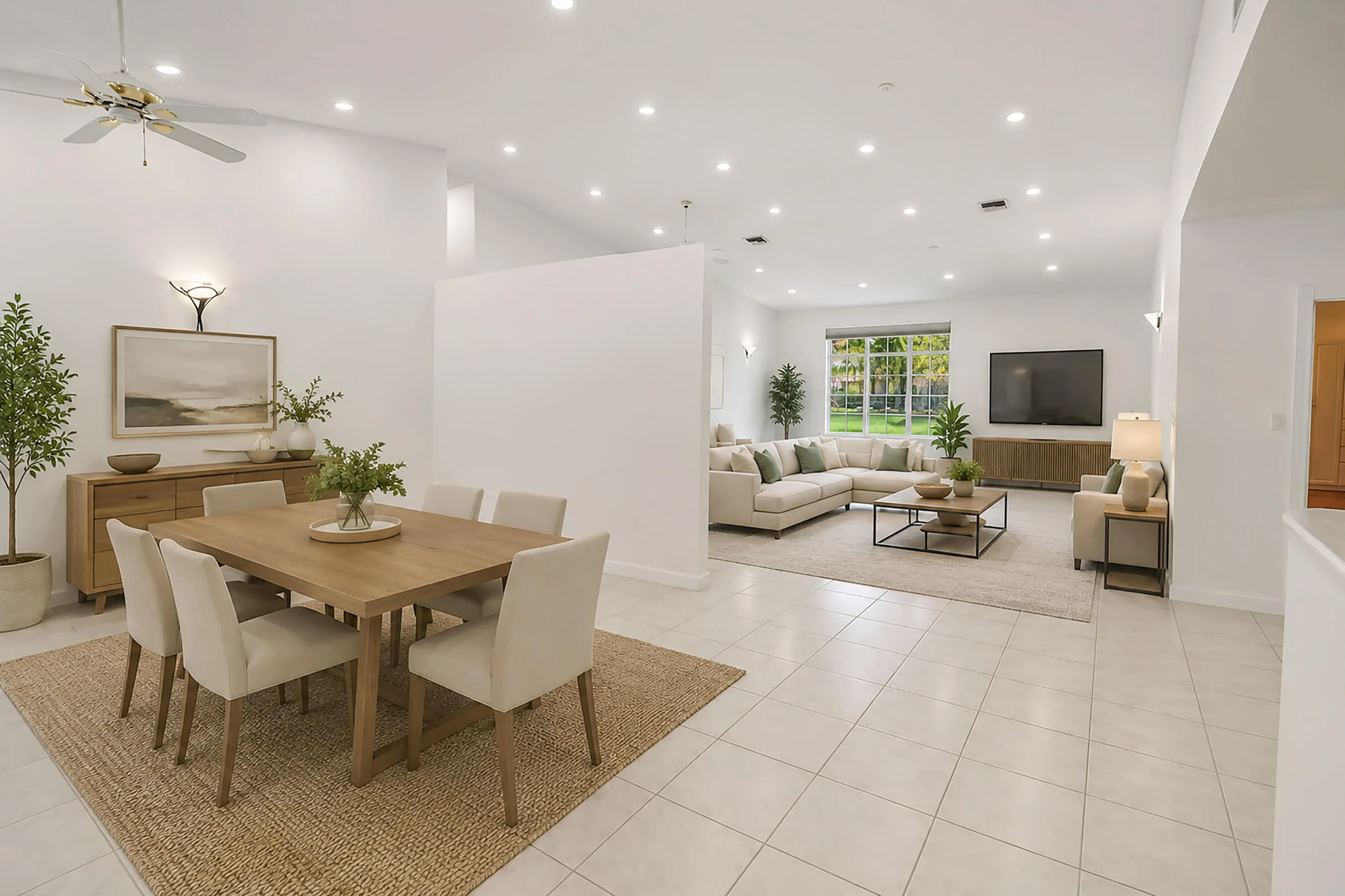 Open concept interior with light tile flooring and recessed lighting