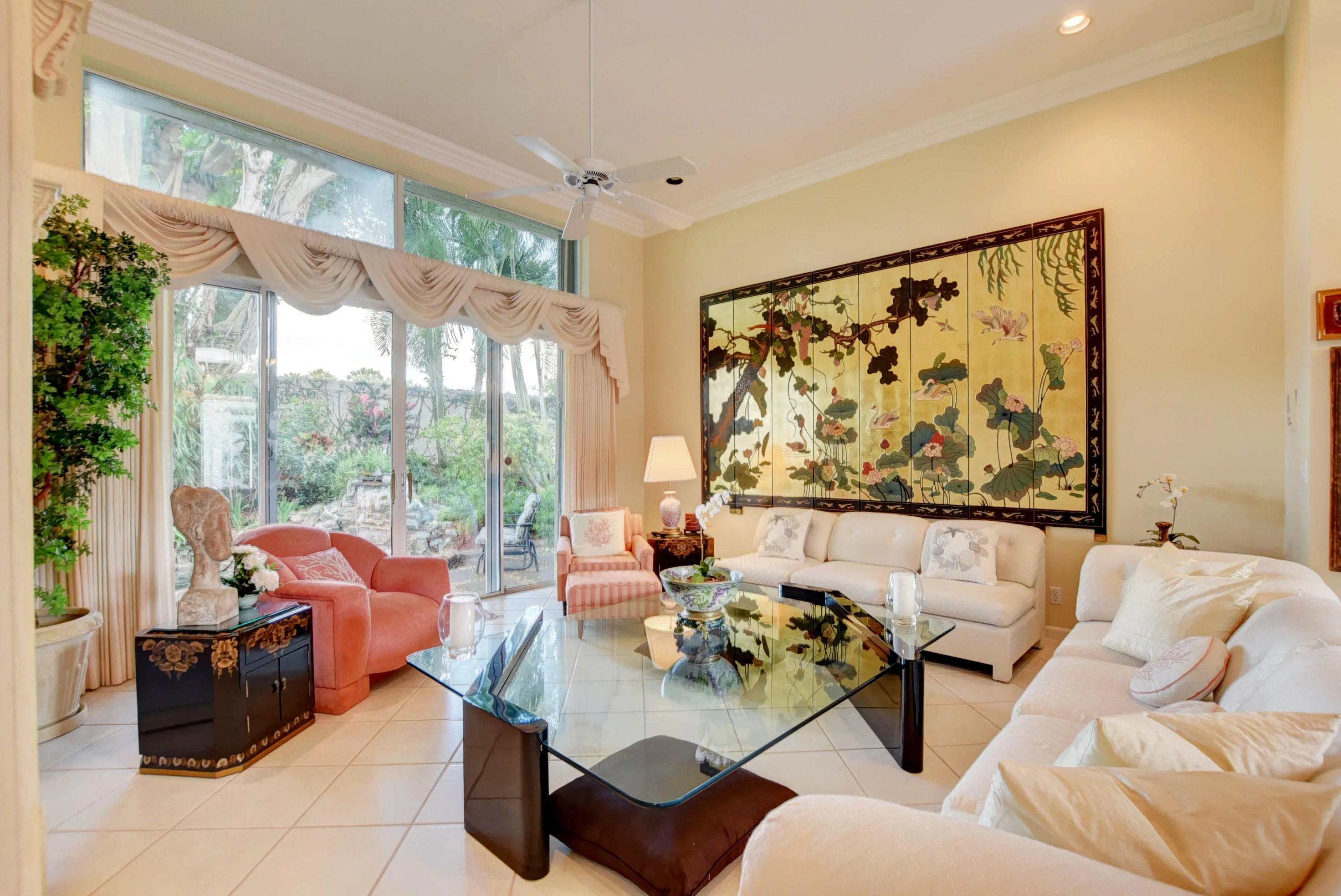 Living Room view to rear patio waterfall