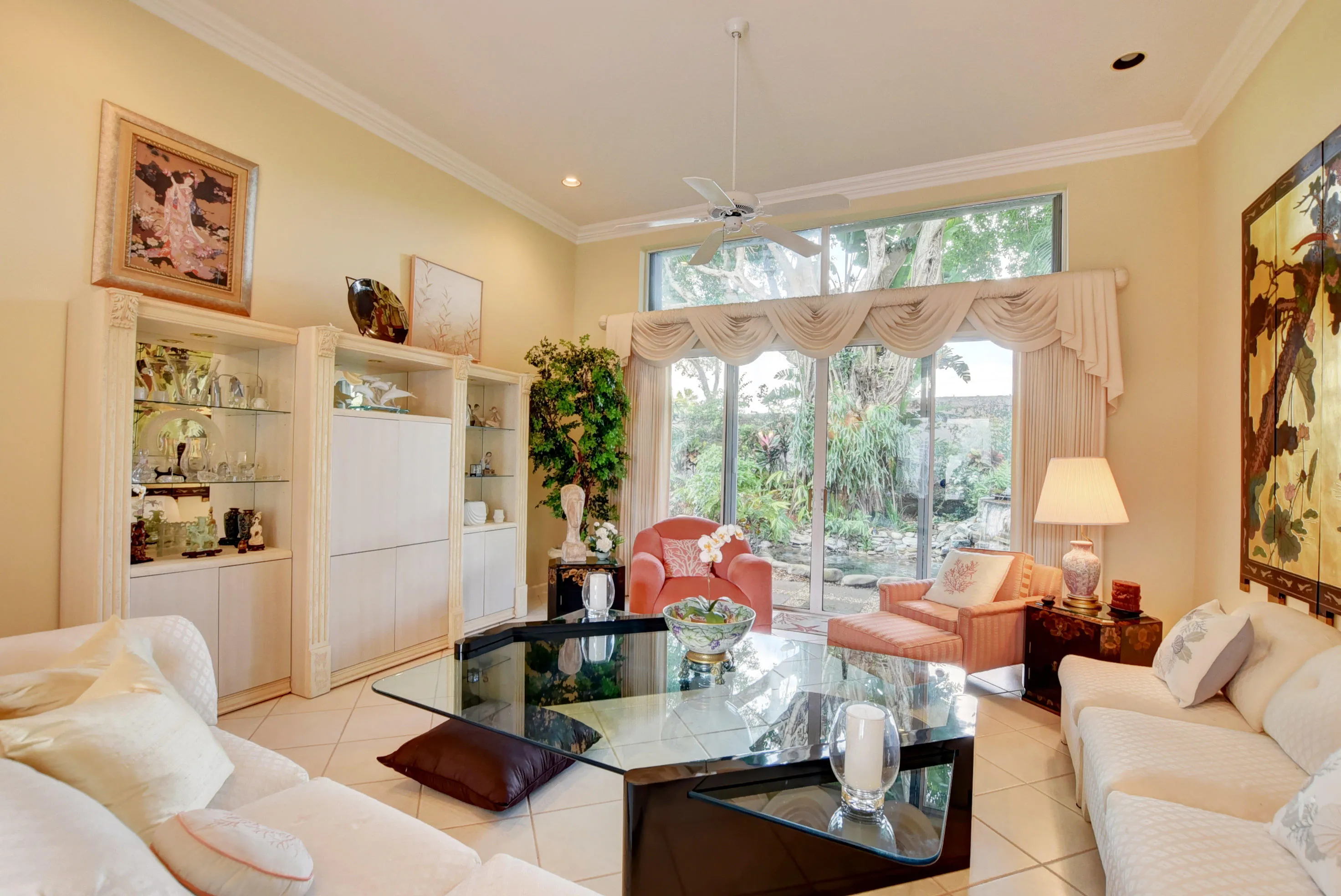 Living room view to back patio waterfall