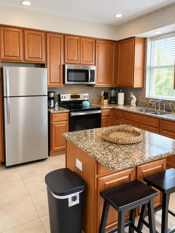 Kitchen featuring wood cabinetry, stainless steel appliances, and granite countertops.