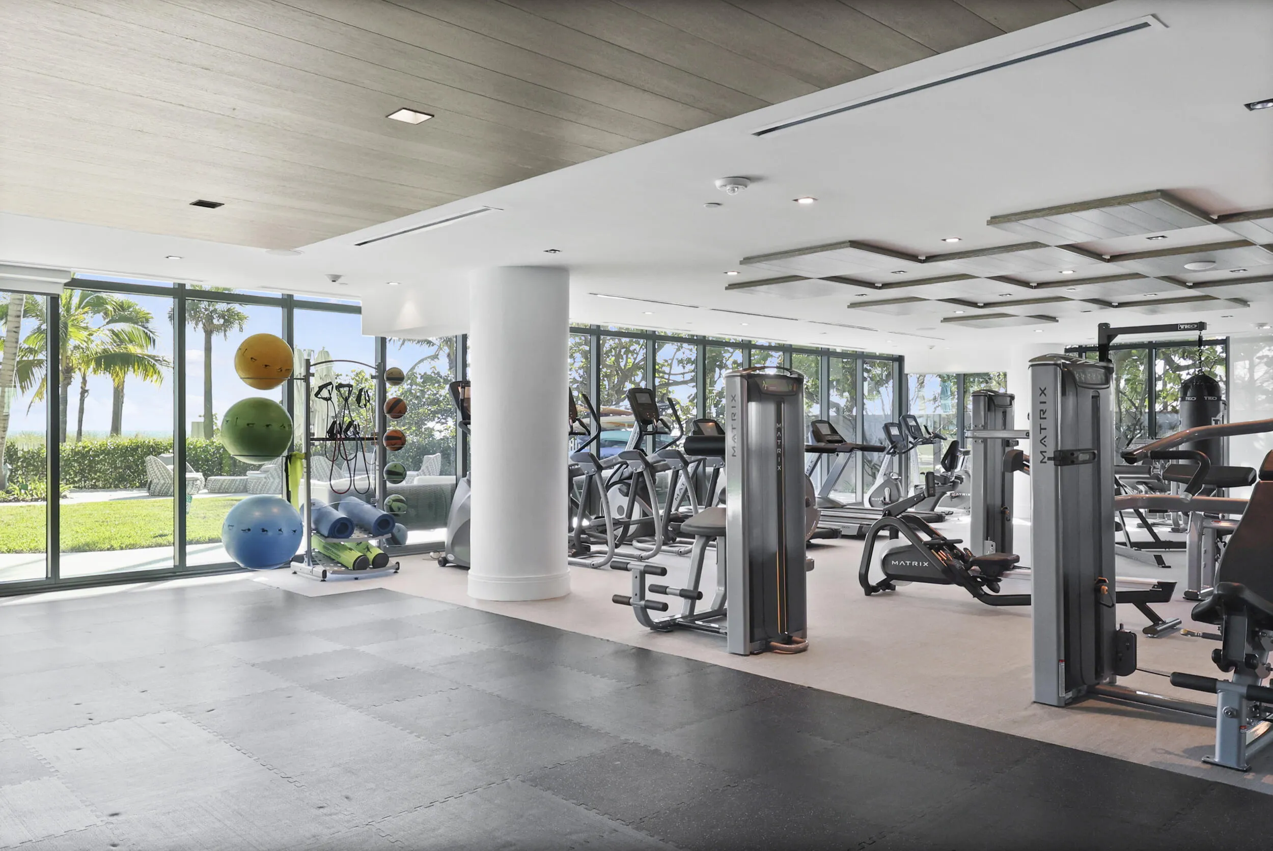 The state of the art fitness center overlooks the Atlantic Ocean.