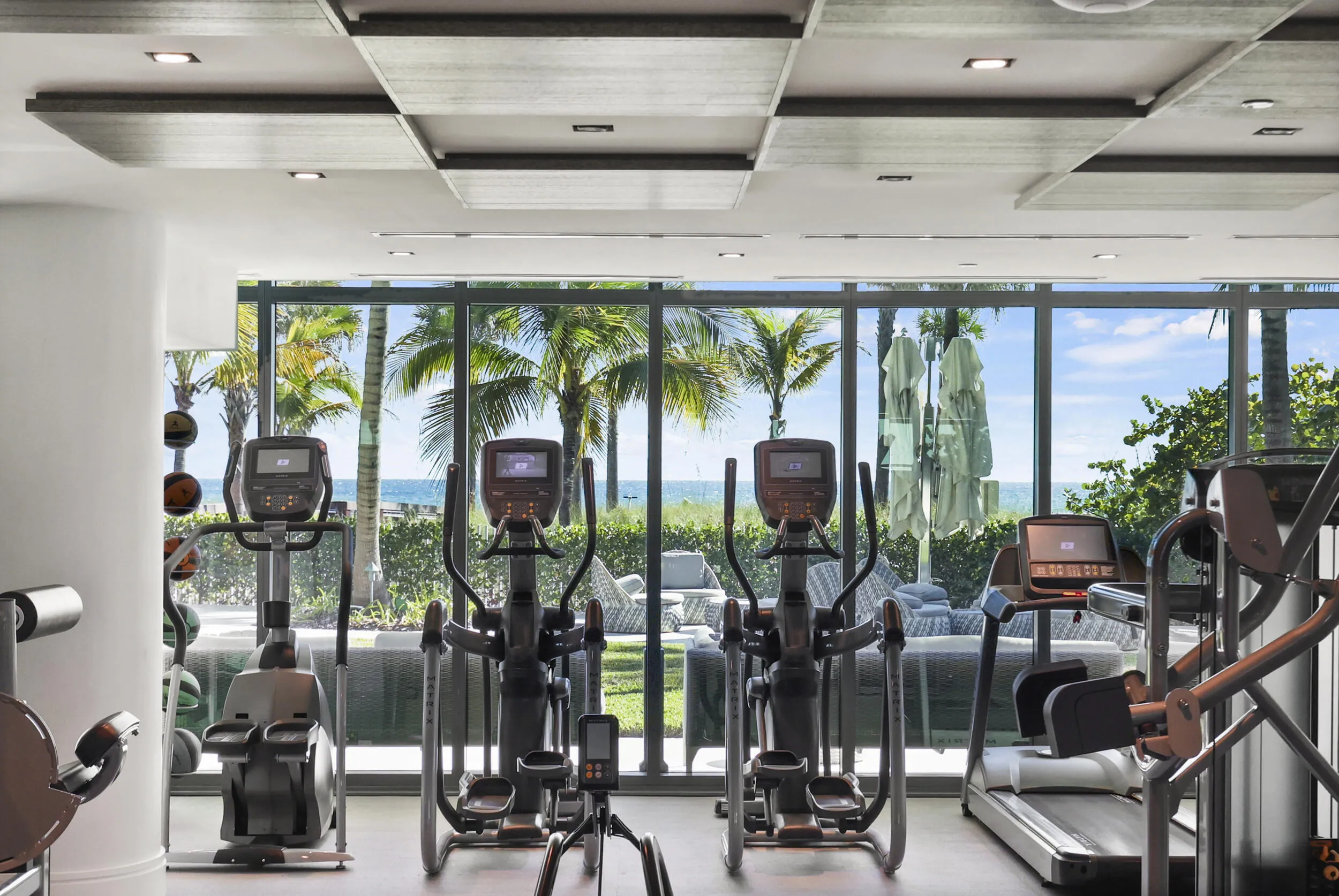 The state of the art fitness center overlooks the Atlantic Ocean.