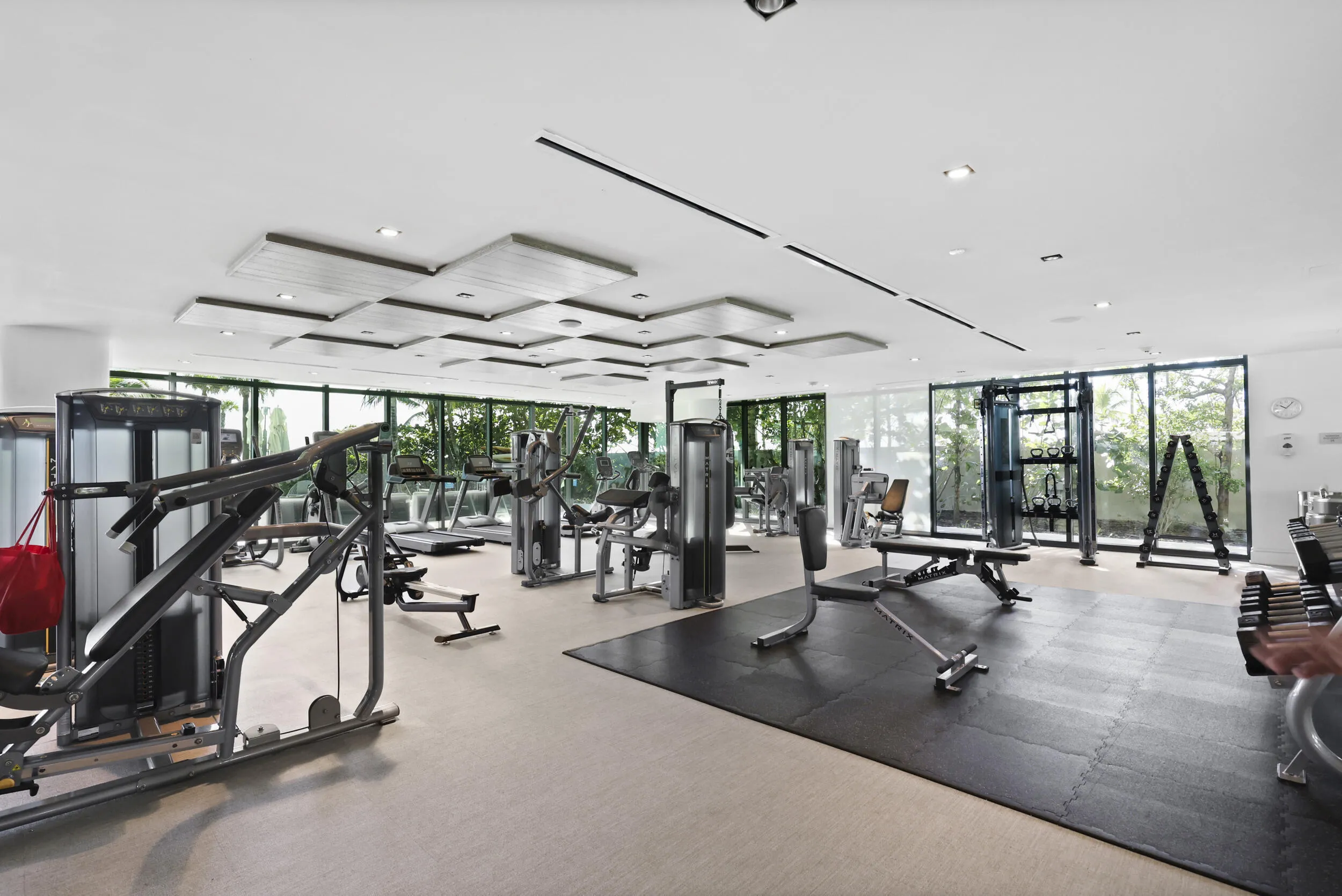 The state of the art fitness center overlooks the Atlantic Ocean.
