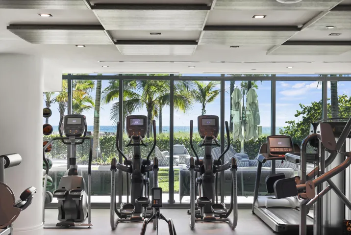 The state of the art fitness center overlooks the Atlantic Ocean.
