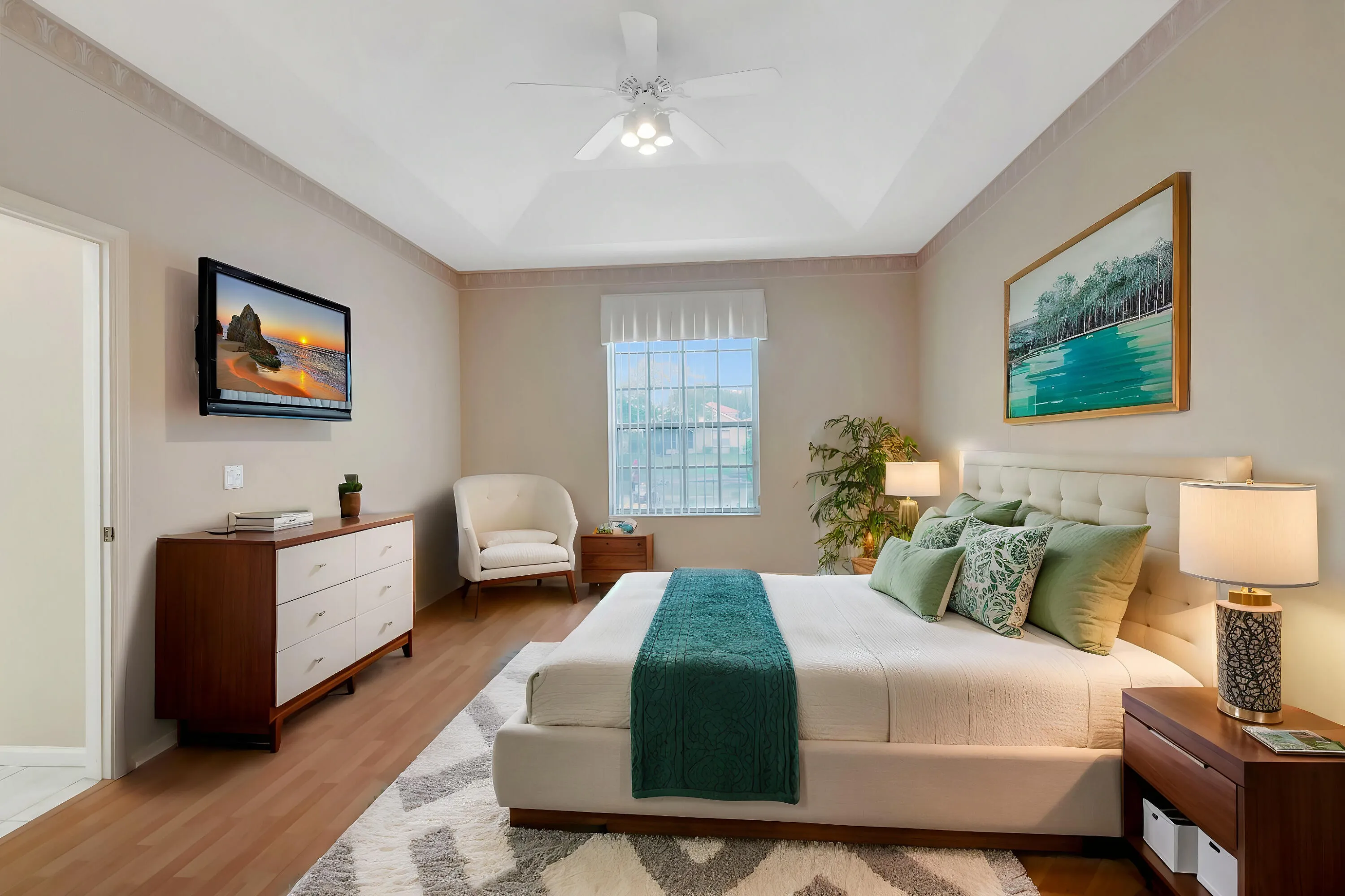 Primary bedroom staged